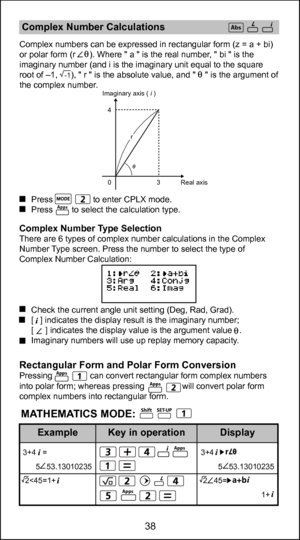 Page 3838
  Press                 to enter CPLX mode. 
 Press        to select the calculation type.
Complex Number Type SelectionThere are 6 types of complex number calculations in the  Complex 
Number Type screen. Press the number to select the type of 
Complex Number Calculation:
  Check the current angle unit setting (Deg, Rad, Grad). 
 [    ] indicates the display result is the imaginary number; 
  [     ] indicates the display value is the argument value   . 
  Imaginary numbers will use up replay memory...