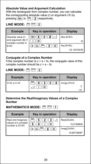 Page 3939
Absolute value (r) 
and argument (   ) if 
complex number is 
6+8
Absolute Value and Argument CalculationWith the rectangular form complex number, you can calculate 
the corresponding absolute value (r) or argument (   ) by 
pressing         or                respectively. 
Conjugate of a Complex NumberIf the complex number is z = a + bi, the conjugate value of this 
complex number should be z = a – bi.
Determine the Real/Imaginary Values of a Complex 
Number
LINE MODE:
Display
Key in operation...