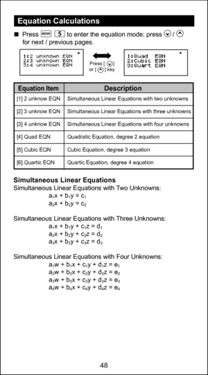 Page 4848
  Press                to enter the equation mode; press      /       for next / previous pages.
Simultaneous Linear EquationsSimultaneous Linear Equations with Two Unknowns:
 a1x + b1y = c1 a2x + b2y = c2
Simultaneous Linear Equations with Three Unknowns:
 a1x + b1y + c1z = d1 a2x + b2y + c2z = d2 a3x + b3y + c3z = d3
Simultaneous Linear Equations with Four Unknowns:
 a1w + b1x + c1y + d1z = e1 a2w + b2x + c2y + d2z = e2 a3w + b3x + c3y + d3z = e3 a4w + b4x + c4y + d4z = e4
[1] 2 unknow EQN...