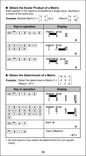 Page 5644
56
    Obtain the Determinant of a Matrix
Example:  Obtain the determinant of Matrix C =                      
                                 
Example: Multiple Matrix C =                by 2         
 3   -2
-1    5
 6   
-4
-2    10
10  -5    3
- 4    9    2
1     7   -3
    Obtain the Scalar Product of a MatrixEach position in the matrix is multiplied by a single value, resulting in 
a matrix of the same size. 
Display
Key in operation
Display
Key in operation
Apps
Apps
Apps
Apps
Apps
!  An error...