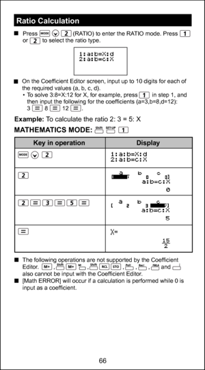 Page 6666
54
Example: To calculate the ratio 2: 3 = 5: X
 The following operations are not supported by the Coefficient 
Editor.         ,                    ,                     ,       ,       ,       and 
  also cannot be input with the Coefficient Editor.
  [Math ERROR] will occur if a calculation is performed while 0 is  input as a coefficient.
Display
Key in operation
 
On the Coefficient Editor screen, input up to 10 digits for each of 
the required values (a, b, c, d).
 •  To solve 3:8=X:12 for X, for...