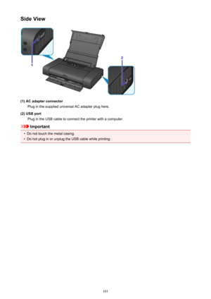 Page 101Side View
(1) AC adapter connectorPlug in the supplied universal AC adapter plug here.
(2) USB port Plug in the USB cable to connect the printer with a computer.
Important
