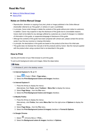 Page 12Read Me First
Notes on Online Manual Usage
How to Print
Notes on Online Manual Usage
