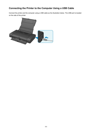 Page 181Connecting the Printer to the Computer Using a USB CableConnect the printer and the computer using a USB cable as the illustration below. The USB port is located
on the side of the printer.181 