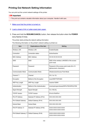 Page 184Printing Out Network Setting InformationYou can print out the current network settings of the printer.
Important
