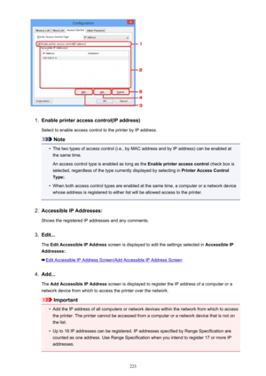 Page 2231.
Enable printer access control(IP address)
Select to enable access control to the printer by IP address.
Note
