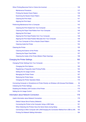 Page 4When Printing Becomes Faint or Colors Are Incorrect. . . . . . . . . . . . . . . . . . . . . . . . . . . . . . . . . . . . .   136Maintenance Procedure. . . . . . . . . . . . . . . . . . . . . . . . . . . . . . . . . . . . . . . . . . . . . . . . . . . . . . . . .  137
Printing the Nozzle Check Pattern. . . . . . . . . . . . . . . . . . . . . . . . . . . . . . . . . . . . . . . . . . . . . . . . .   139
Examining the Nozzle Check Pattern. . . . . . . . . . . . . . . . . . . . . . . . . . . . . . . . . ....