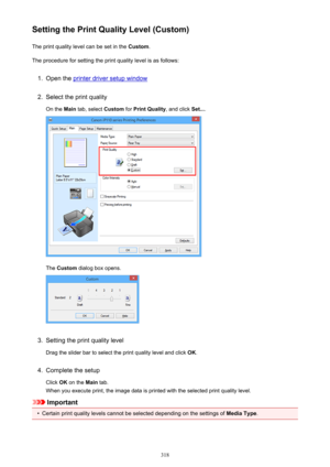 Page 318Setting the Print Quality Level (Custom)The print quality level can be set in the  Custom.
The procedure for setting the print quality level is as follows:1.
Open the printer driver setup window
2.
Select the print quality
On the  Main tab, select  Custom for Print Quality , and click Set....
The Custom  dialog box opens.
3.
Setting the print quality level
Drag the slider bar to select the print quality level and click  OK.
4.
Complete the setup
Click  OK on the  Main tab.
When you execute print, the...