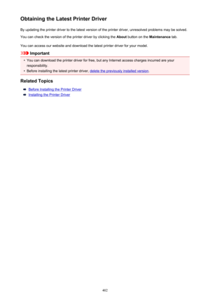 Page 402Obtaining the Latest Printer DriverBy updating the printer driver to the latest version of the printer driver, unresolved problems may be solved.You can check the version of the printer driver by clicking the  About button on the  Maintenance tab.
You can access our website and download the latest printer driver for your model.
Important
