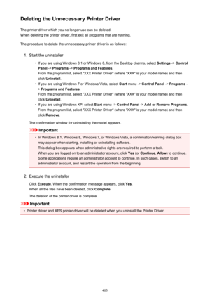 Page 403Deleting the Unnecessary Printer DriverThe printer driver which you no longer use can be deleted.When deleting the printer driver, first exit all programs that are running.
The procedure to delete the unnecessary printer driver is as follows:1.
Start the uninstaller
