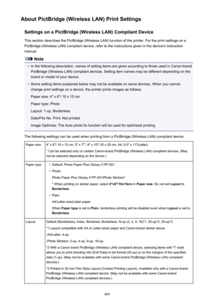 Page 409About PictBridge (Wireless LAN) Print SettingsSettings on a PictBridge (Wireless LAN) Compliant DeviceThis section describes the PictBridge (Wireless LAN) function of the printer. For the print settings on a
PictBridge (Wireless LAN) compliant device, refer to the instructions given in the device's instruction
manual.
Note
