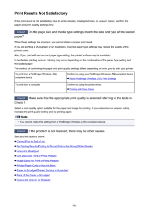 Page 442Print Results Not SatisfactoryIf the print result is not satisfactory due to white streaks, misaligned lines, or uneven colors, confirm the
paper and print quality settings first.
Check1  Do the page size and media type settings match the size and type of the loaded
paper?
When these settings are incorrect, you cannot obtain a proper print result. If you are printing a photograph or an illustration, incorrect paper type settings may reduce the quality of the
printout color.
Also, if you print with an...