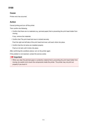 Page 5115100Cause
Printer error has occurred.
Action Cancel printing and turn off the printer.
Then confirm the following.