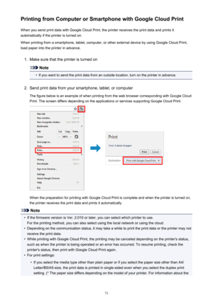 Page 71Printing from Computer or Smartphone with Google Cloud PrintWhen you send print data with Google Cloud Print, the printer receives the print data and prints it
automatically if the printer is turned on.
When printing from a smartphone, tablet, computer, or other external device by using Google Cloud Print, load paper into the printer in advance.1.
Make sure that the printer is turned on
Note
