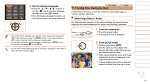 Page 1717
1
2
3
4
5
6
7
8
9
10
Cover 
Before Use
Common Camera 
Operations
Advanced Guide
Camera Basics
Auto Mode / 
Hybrid Auto Mode
Other Shooting 
Modes
Tv, Av, M, and 
C Mode
Playback Mode
Wi-Fi Functions
Setting Menu
Accessories
Appendix
Index
Basic Guide
P Mode
3 Set the display language.
zzPress the  buttons or 
turn the  dial to choose a language, 
and then press the  button.
zzOnce the display language has been set, 
the setting screen is no longer displayed.
•	 The current time is displayed if you...