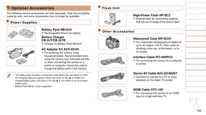 Page 168168
1
2
3
4
5
6
7
8
9
10
Cover 
Before Use
Common Camera 
Operations
Advanced Guide
Camera Basics
Auto Mode / 
Hybrid Auto Mode
Other Shooting 
Modes
Tv, Av, M, and 
C Mode
Playback Mode
Wi-Fi Functions
Setting Menu
Accessories
Appendix
Index
Basic Guide
P Mode
Optional Accessories
The following camera accessories are sold separately. Note that availability 
varies by area, and some accessories may no longer be available.
Power Supplies
Battery Pack NB-6LHzzRechargeable lithium-ion battery
Battery...
