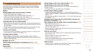 Page 185185
1
2
3
4
5
6
7
8
9
10
Cover 
Before Use
Common Camera 
Operations
Advanced Guide
Camera Basics
Auto Mode / 
Hybrid Auto Mode
Other Shooting 
Modes
Tv, Av, M, and 
C Mode
Playback Mode
Wi-Fi Functions
Setting Menu
Accessories
Appendix
Index
Basic Guide
P Mode
Troubleshooting
If	you	think	there	is	a	problem	with	the	camera,	first	check	the	following.	If the items below do not solve your problem, contact a Canon Customer 
Support Help Desk.
Power
Nothing happens when the power button is pressed.•...