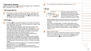 Page 3333
1
2
3
4
5
6
7
8
9
10
Cover 
Before Use
Common Camera 
Operations
Advanced Guide
Camera Basics
Auto Mode / 
Hybrid Auto Mode
Other Shooting 
Modes
Tv, Av, M, and 
C Mode
Playback Mode
Wi-Fi Functions
Setting Menu
Accessories
Appendix
Index
Basic Guide
P Mode
Digest Movie PlaybackDisplay a still image shot in [] mode to play a digest movie, or specify the 
date of the digest movie to play ( =  107).
Still Images/Movies
•	If the camera is turned on while the < p> button is held down, the 
camera will no...