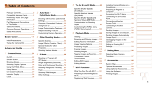 Page 55
1
2
3
4
5
6
7
8
9
10
Cover 
Before Use
Common Camera 
Operations
Advanced Guide
Camera Basics
Auto Mode / 
Hybrid Auto Mode
Other Shooting 
Modes
Tv, Av, M, and 
C Mode
Playback Mode
Wi-Fi Functions
Setting Menu
Accessories
Appendix
Index
Basic Guide
P Mode
5 Tv, Av, M, and C Mode ......... 93
Specific	Shutter	Speeds	([Tv] Mode)................................... 94
Specific
	Aperture	Values	([Av] Mode) ................

..................94
Specific
	Shutter	Speeds	and	Aperture	Values	([M]	Mode)...