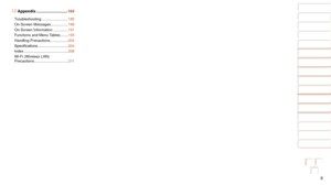 Page 66
1
2
3
4
5
6
7
8
9
10
Cover 
Before Use
Common Camera 
Operations
Advanced Guide
Camera Basics
Auto Mode / 
Hybrid Auto Mode
Other Shooting 
Modes
Tv, Av, M, and 
C Mode
Playback Mode
Wi-Fi Functions
Setting Menu
Accessories
Appendix
Index
Basic Guide
P Mode
10 Appendix ............................ 184
Troubleshooting .........................185
On-Screen Messages
 ................ 188
On-Screen Information
 .............. 191
Functions and Menu 

Tables
 .......193
Handling Precautions...