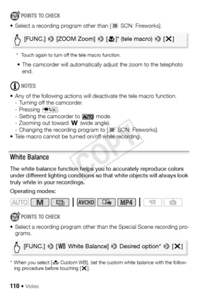 Page 110110 Š Video
POINTS TO CHECK
• Select a recording program other than [ ŠSCN: Fireworks].
* Touch again to turn off the tele macro function.
• The camcorder will automatically adjust the zoom to the telephoto 
end. 
NOTES
• Any of the following actions will deactivate the tele macro function. - Turning off the camcorder.
- Pressing  T.
- Setting the camcorder to   mode.
- Zooming out toward  T (wide angle).
- Changing the recording program to [ ŠSCN: Fireworks].
• Tele macro cannot be turned on/off while...