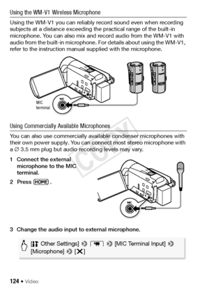 Page 124124 Š Video
Using the WM-V1 Wireless Microphone
Using the WM-V1 you can reliably record sound even when recording 
subjects at a distance exceeding the practical range of the built-in 
microphone. You can also mix and record audio from the WM-V1 with 
audio from the built-in microphone. For details about using the WM-V1, 
refer to the instruction manual supplied with the microphone.
Using Commercially Available Microphones
You can also use commercially available condenser microphones with 
their own...