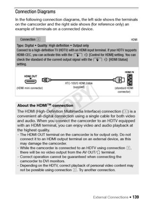 Page 139External Connections Š 139
Connection Diagrams
In the following connection diagrams, the left side shows the terminals 
on the camcorder and the right side shows (for reference only) an 
example of terminals on a connected device.
Connection !HDMI
Type: Digital   Quality: High definition   Output only
Connect to a high-definition TV (HDTV) with an HDMI input terminal. If your HDTV supports 
HDMI-CEC, you can activate this with the  q >  [Control for HDMI] setting. You can 
check the standard of the...