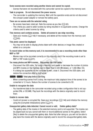 Page 217Additional Information Š 217
Some scenes were recorded using another device and cannot be copied.- Scenes that were not recorded with this ca mcorder cannot be copied to the memory card.
Task in progress.   Do not disconnect the power source. - The camcorder is updating the memory. Wait unt il the operation ends and do not disconnect 
the compact power adapter or remove the battery pack.
There are no scenes with the selected rating - No scenes have been rated yet. Rate the scenes as you like ( A80).
-...