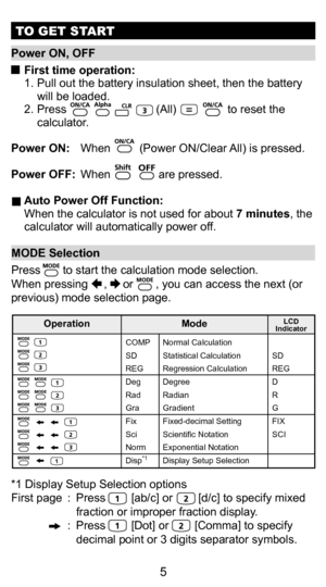 Page 55
TO GET START
Power ON, OFF  
 First time operation:   
1. Pull out the battery insulation sheet, then the battery  will be loaded. 
2. Press                            (All)                to reset the  calculator. 
Power ON:  When         (Power ON/Clear All) is pressed.
Power OFF:   When               are pressed.
  Auto Power Off Function:  When the calculator is not used for about 7 minutes, the 
calculator will automatically power off.
MODE Selection 
Press        to start the calculation mode...