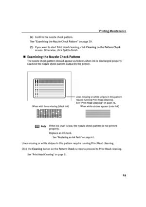 Page 33Printing Maintenance29
(4)Confirm the nozzle check pattern.
See "E
Exa m in in g t h e N ozzle  C heck  P atte rn " on page 29.
(5) If you want to start Print Head cleaning, click C
Cle a n in g on the PPatte rn  C heck  
screen. Otherwise, click Q
Qu it  to finish.
„ Examining the Nozzle Check Pattern
The nozzle check pattern should appear as follows when ink is discharged properly.
Examine the nozzle check pattern output by the printer.
Lines missing or white stripes in this patt ern require...