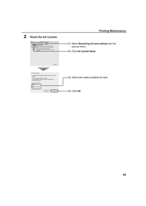 Page 49Printing Maintenance
45
2Reset the Ink Counter.
(2) Click IInk Counter Reset. (1) Select R
Remaining ink level setting from the 
pop-up menu.
(4) Click OOK. (3)  Select the newly installed ink tank.
iP1500_QSG_US.book  Page 45  Tuesday, April 27, 2004  5:26 PM 