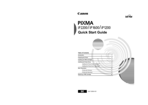Page 1Quick Start Guide
Table of Contents
Introduction 1
Preparing the Printer 2
Installing the FINE Cartridges 3
Installing the Printer Driver 6
Installing the Printer Driver - Windows®6
Installing the Printer Driver - Macintosh®9
Basic Operations 12
Printing with Windows 12
Printing with Macintosh 13
Replacing a FINE Cartridge 14
QA7-3559-V01 ©CANON INC.2005 PRINTED IN VIETNAMBE
The following FINE Cartridges are compatible with the iP2200/iP1600/iP1200 printers.
PG-40 is optionally available for iP1200...