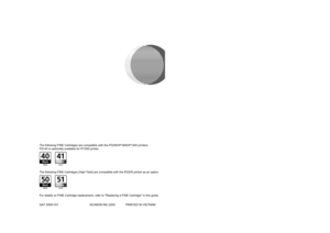 Page 20Quick Start Guide
Table of Contents
Introduction 1
Preparing the Printer 2
Installing the FINE Cartridges 3
Installing the Printer Driver 6
Installing the Printer Driver - Windows®6
Installing the Printer Driver - Macintosh®9
Basic Operations 12
Printing with Windows 12
Printing with Macintosh 13
Replacing a FINE Cartridge 14
QA7-3559-V01 ©CANON INC.2005 PRINTED IN VIETNAMBE
The following FINE Cartridges are compatible with the iP2200/iP1600/iP1200 printers.
PG-40 is optionally available for iP1200...