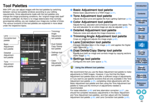 Page 41403Sorting Images1
2
4 5
Introduction
Contents
Downloading  Images
Viewing  Images
Printing  ImagesEditing
Images
Reference/ Index
6
Processing 
Large Numbers 
of RAW Images
7Remote 
Shooting8
Specifying 
Preferences
Tool PalettesWith DPP, you can adjust images with the tool palettes by switching 
between various tool palette windows according to your editing 
requirements. Since adjustments made with the tool palettes only 
change the image processing conditions , the “original image data itself”...