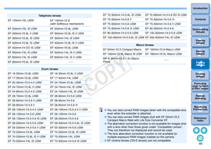 Page 67663Sorting Images1
2
4 5
Introduction
Contents
Downloading  Images
Viewing  Images
Printing  ImagesEditing
Images
Reference/ Index
6
Processing 
Large Numbers 
of RAW Images
7Remote 
Shooting8
Specifying 
Preferences
Telephoto lenses
EF 135mm f/2L USM EF 135mm f/2.8 
(with Softfocus mechanism)
EF 200mm f/2L IS USM EF 200mm f/2.8L USM
EF 200mm f/2.8L II USM EF 300mm f/2.8L IS II USM
EF 300mm f/2.8L IS USM EF 300mm f/4L IS USM
EF 400mm f/2.8L IS USM EF 400mm f/2.8L IS II USM
EF 400mm f/4 DO IS USM EF 400mm...