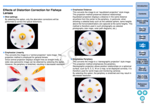 Page 69683Sorting Images1
2
4 5
Introduction
Contents
Downloading  Images
Viewing  Images
Printing  ImagesEditing
Images
Reference/ Index
6
Processing 
Large Numbers 
of RAW Images
7Remote 
Shooting8
Specifying 
Preferences
Effects of Distortion Correction for Fisheye 
Lenses Shot settings
By selecting this option, only the aberration corrections will be 
performed to correct the optical distortions.
 Emphasize Linearity
This converts the image to a “central projection” style image. This 
projection method is...