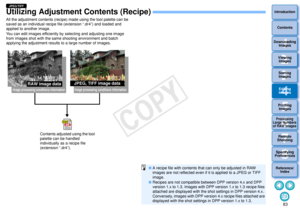 Page 84833Sorting Images1
2
4 5
Introduction
Contents
Downloading  Images
Viewing  Images
Printing  ImagesEditing
Images
Reference/ Index
6
Processing 
Large Numbers 
of RAW Images
7Remote 
Shooting8
Specifying 
Preferences
Utilizing Adjustment Contents (Recipe)All the adjustment contents (recipe) made using the tool palette can be 
saved as an individual recipe file (extension “.dr4”) and loaded and 
applied to another image.
You can edit images effi ciently by selecting and adjusting one image 
from images...