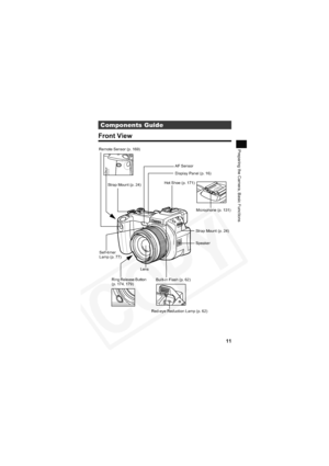 Page 15
11
Preparing the Camera, Basic Functions
Front View
Components Guide
Self-timer 
Lamp (p. 77)Hot Shoe (p. 171)
Built-in Flash (p. 62) Display Panel (p. 16)
Strap Mount (p. 24)
Speaker
Ring Release Button 
(p. 174, 179) Lens
Remote Sensor (p. 169)
Microphone (p. 131)
Strap Mount (p. 24)
Red-eye Reduction Lamp (p. 62)
AF Sensor  