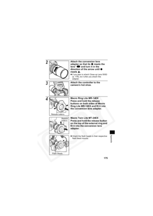 Page 179
175
Appendix
2Attach the conversion lens 
adapter so that its 
z meets the 
lens’   and turn it in the 
direction of the arrow until 
zmeets  S.zIf you plan to attach Close-up Lens 500D 
(p. 178), do it after you attach this 
adapter.
3Attach the controller to the 
camera’s hot shoe.
4Macro Ring Lite MR-14EX
Press and hold the release 
buttons on both sides of Macro 
Ring Lite MR-14EX and fit it into 
the conversion lens adapter.
Macro Twin Lite MT-24EX
Press and hold the release button 
on the top of...