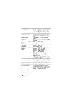 Page 192
188
Wireless Control Shooting and playback are available (wireless controller is included in the camera kit).
When shooting, image is captured instantly/
approx. 2-sec./approx. 10-sec. after shutter 
button is pressed.
PC-controlled Shooting Available (USB connection only. Exclusive  software program is included in the camera 
kit.)
Recording Media CompactFlash™ (CF) card (Type I and  Type II)
File Format Design rule for camera file system and DPOF  compliant
Image 
Recording 
Format Still images: JPEG...