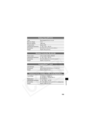 Page 197
193
Appendix
Battery Pack BP-511A
Type: Rechargeable lithium ion cell
Nominal voltage: 7.4 V
Nominal capacity: 1390 mAh
Charge cycles: Approx. 300
Operating temperatures: 0 – 40 °C (32 – 104 °F)
Dimensions: 38 x 55 x 21 mm (1.5 x 2.2 x 0.8 in.)
Weight: Approx. 82 g (2.9 oz.)
Wireless Controller WL-DC100
Power supply: Lithium button battery CR2025
Operating temperatures: 0 – 40 °C (32 – 104 °F)
Dimensions: 35 x 6.5 x 56.6 mm (1.4 x 0.3 x 2.2 in.)
Weight: Approx. 10 g (0.4 oz.)
CompactFlash™ Card
Card...