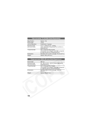 Page 198
194
Tele-converter TC-DC58A (Sold Separately)
Magnification: Approx. 1.5x
Focal length: Infinity
Lens configuration: 5 elements in 3 groups
Focusing range
(from tip of lens):2.2 m – Infinity (7.2 ft. – Infinity)
(when attached to PowerShot Pro1 at 126 mm –  
telephoto end)
Thread diameter: 58 mm Standard filter threads (Conversion Lens Adapter LA-DC58C is required 
to install the lens on a PowerShot Pro1)
Dimensions: Diameter: 92 mm (3.6 in.)/Length: 70 mm (2.7 in.)
Weight: Approx. 520 g (18.3 oz.)...