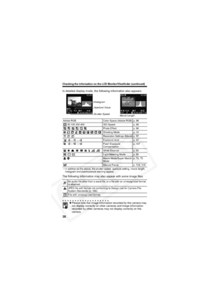 Page 42
Checking the information on the LCD Monitor/Viewfinder (continued)
38
In detailed display mode, the following information also appears.
The following information may also appear with some image files.
Adobe RGB Color Space (Adobe RGB) p. 98 50 100 200 400 ISO Speed p. 99
        Photo Effect p. 96
          Shooting Mode p. 14
   Resolution Settings (Movie) p. 57  Exposure level p. 92
 Flash Exposure  Compensationp. 107
              White Balance p. 93     Light Metering Mode p. 90
  Macro Mode/Super...