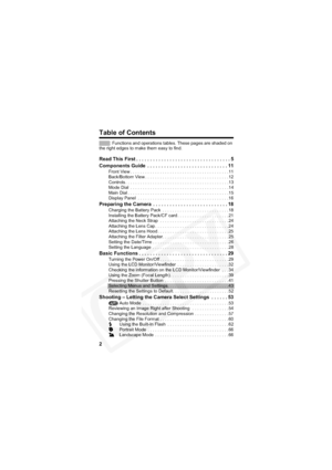 Page 6
2
Table of Contents
: Functions and operations tables. These pages are shaded on 
the right edges to make them easy to find.
Read This First . . . . . . . . . . . . . . . . . . . . . . . . . . . . . . . . . . 5
Components Guide  . . . . . . . . . . . . . . . . . . . . . . . . . . . . . 11
Front View . . . . . . . . . . . . . . . . . . . . . . . . . . . . . . . . . . . . . . . .11
Back/Bottom View . . . . . . . . . . . . . . . . . . . . . . . . . . . . . . . . . .12
Controls . . . . . . . . . . . . . . ....