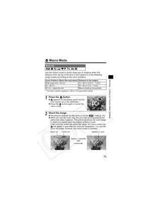 Page 77
73
Shooting – Letting the Camera Select Settings
 Macro Mode
Use the macro mode to shoot close-ups of subjects when the 
distance from the tip of the lens to the subject is in the following 
range (varies according to the zoom position):
* The zoom position appears in 35mm film equivalent values.
Mode Dial            
Zoom Position (35mm film equivalent) Distance to the subject
Wide angle end – 63 mm 10 – 50 cm (3.9 in. – 1.6 ft.)
63 – 90 mm 30 – 50 cm (1.0 – 1.6 ft.)
90 mm – telephoto end Macro...
