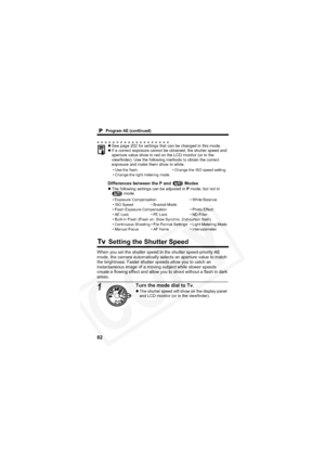 Page 86
        Program AE (continued)
82
 Setting the Shutter Speed
When you set the shutter speed in the shutter speed-priority AE 
mode, the camera automatically selects an aperture value to match 
the brightness. Faster shutter speeds allow you to catch an 
instantaneous image of a moving subject while slower speeds 
create a flowing effect and allow you to shoot without a flash in dark 
areas.
zSee page 202 for settings that can be changed in this mode.
z If a correct exposure cannot be obtained, the...