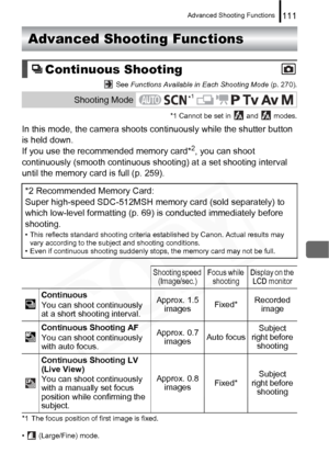 Page 113
Advanced Shooting Functions111
Advanced Shooting Functions
 See Functions Available in Each Shooting Mode  (p. 270).
*1 Cannot be set in   and   modes.
In this mode, the camera shoots co ntinuously while the shutter button 
is held down.
If you use the recommended memory card*
2, you can shoot 
continuously (smooth continuous shoot ing) at a set shooting interval 
until the memory card is full (p. 259).
*1 The focus position of first image is fixed.
•  (Large/Fine) mode.
Continuous Shooting
Shooting...