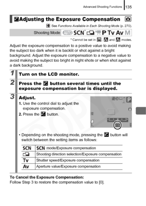 Page 137
Advanced Shooting Functions135
 See Functions Available in Each Shooting Mode  (p. 270).
* Cannot be set in  ,   and   modes.
Adjust the exposure compensation to  a positive value to avoid making 
the subject too dark when it is bac klit or shot against a bright 
background. Adjust the exposure compensation to a negative value to 
avoid making the subject too bright  in night shots or when shot against 
a dark background.
To Cancel the Exposure Compensation:  
Follow Step 3 to restore the compensation...