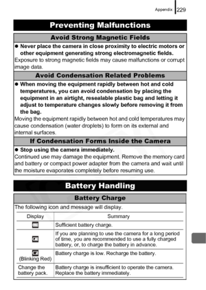 Page 231
Appendix229
Preventing Malfunctions
Avoid Strong Magnetic Fields
zNever place the camera in close proximity to electric motors or 
other equipment generating strong electromagnetic fields.
Exposure to strong magnetic fields  may cause malfunctions or corrupt 
image data.
Avoid Condensation Related Problems
z When moving the equipment rapidly between hot and cold 
temperatures, you can avoid condensation by placing the 
equipment in an airtight, resealable plastic bag and letting it 
adjust to...