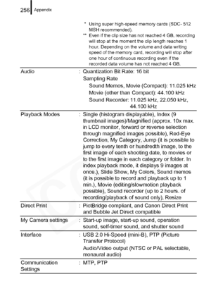 Page 258
Appendix256
 * Using super high-speed memory cards (SDC- 512 MSH recommended).
** Even if the clip size has not reached 4 GB, recording 
will stop at the moment the clip length reaches 1 
hour. Depending on the volume and data writing 
speed of the memory card, recording will stop after 
one hour of continuous recording even if the 
recorded data volume has not reached 4 GB.
Audio : Quantization Bit Rate: 16 bit
Sampling RateSound Memos, Movie (Compact): 11.025 kHz
Movie (other than Compact): 44.100...